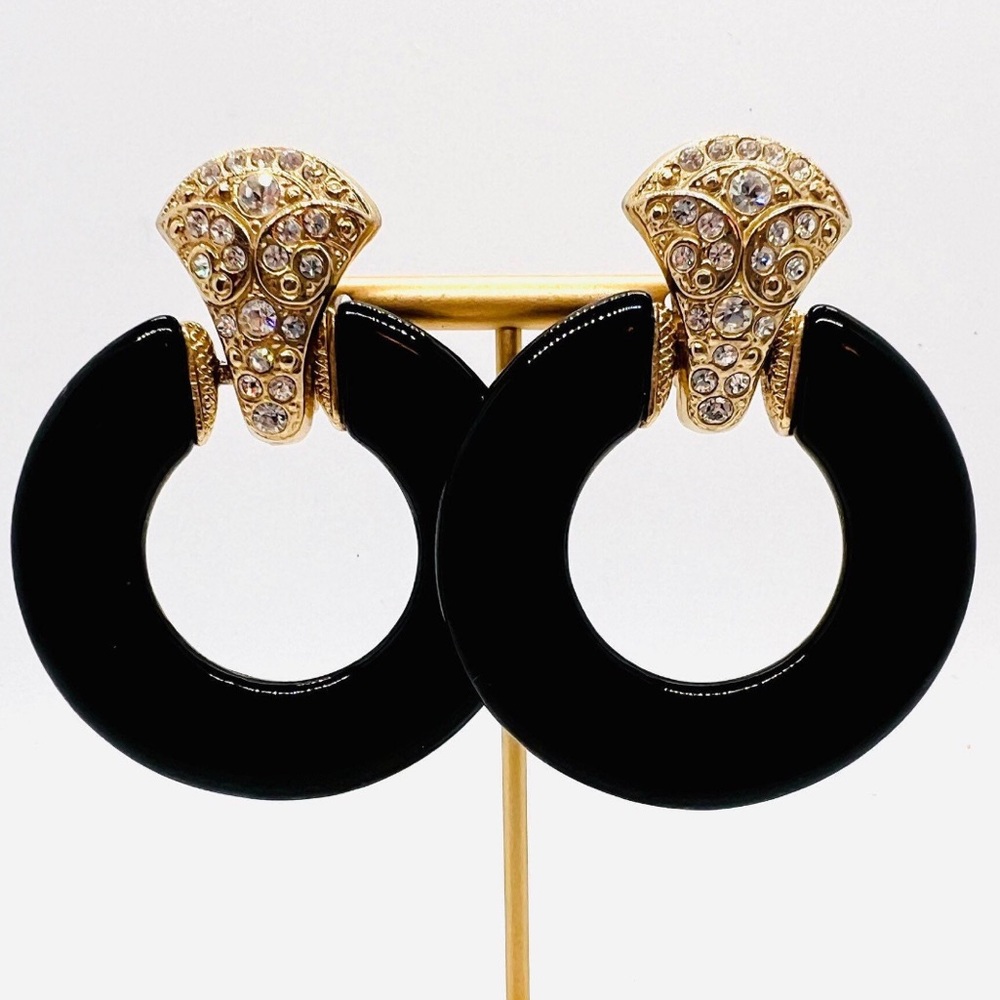 INCREDIBLE VTG GOLD AND CRYSTAL BLACK LUCITE DOORKNOCKER CLIP ON EARRINGS
